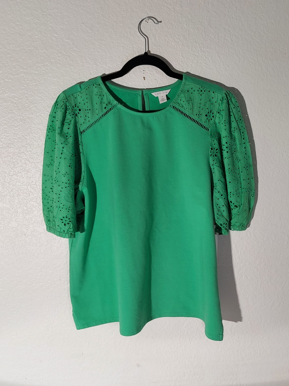 CASLON Chameleon Green Eyelet Short Puff Sleeve Crewneck Blouse WM Size 1X NWT